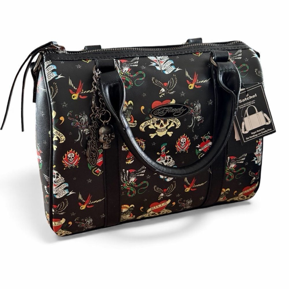 NEW Ed Hardy Y2K Black Satchel Bag Skull Tiger Crossbody Strap Tattoo